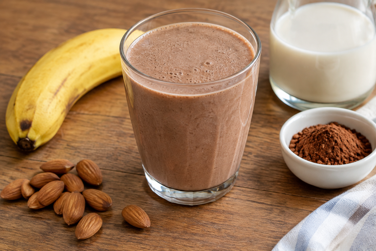 Vitamina cremosa com banana e amêndoas com cacau em pó sem açúcar