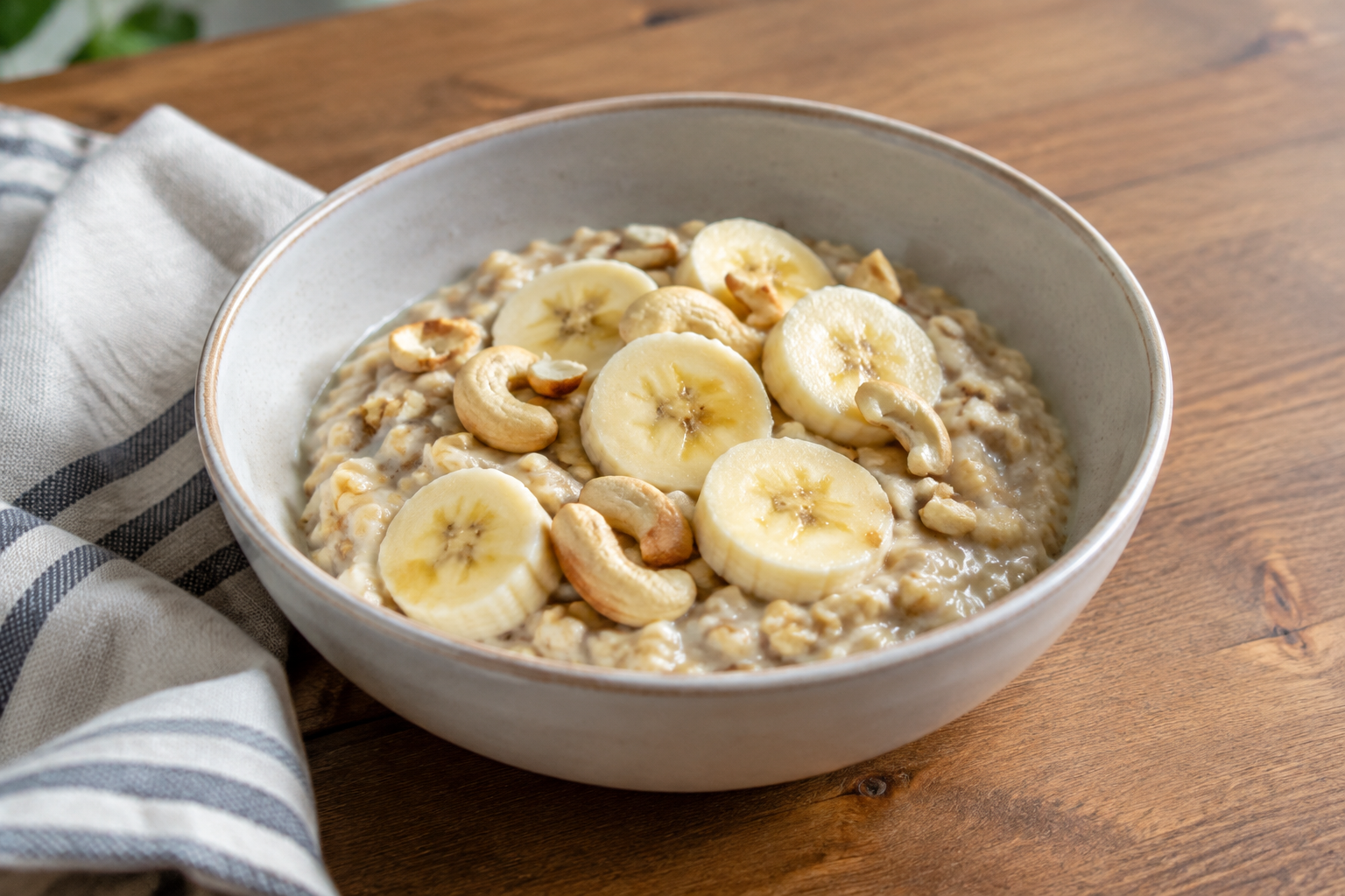 Aveia de geladeira com banana e castanha-de-caju · bebida de amêndoas sem açúcar