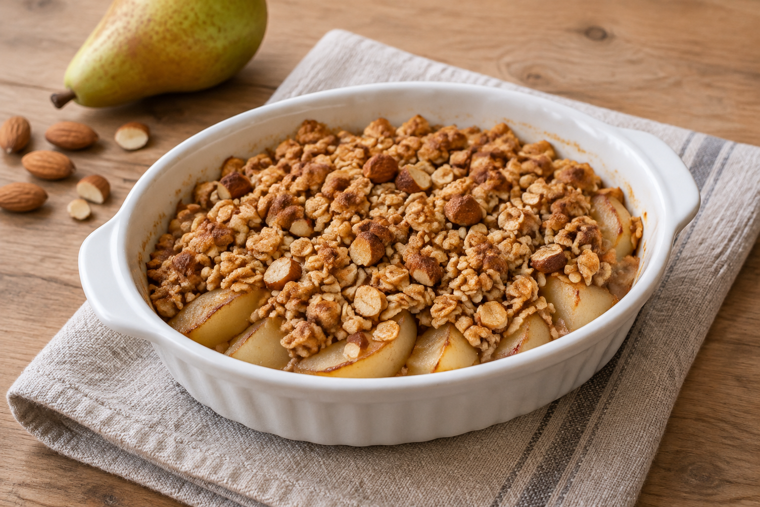 Crumble de aveia com pera e amêndoas