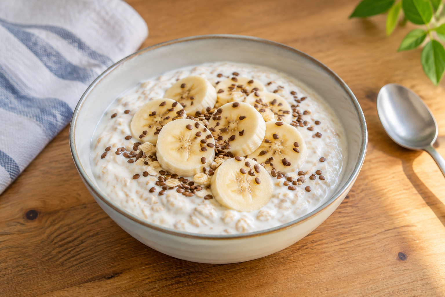 Iogurte com banana e linhaça com aveia em flocos