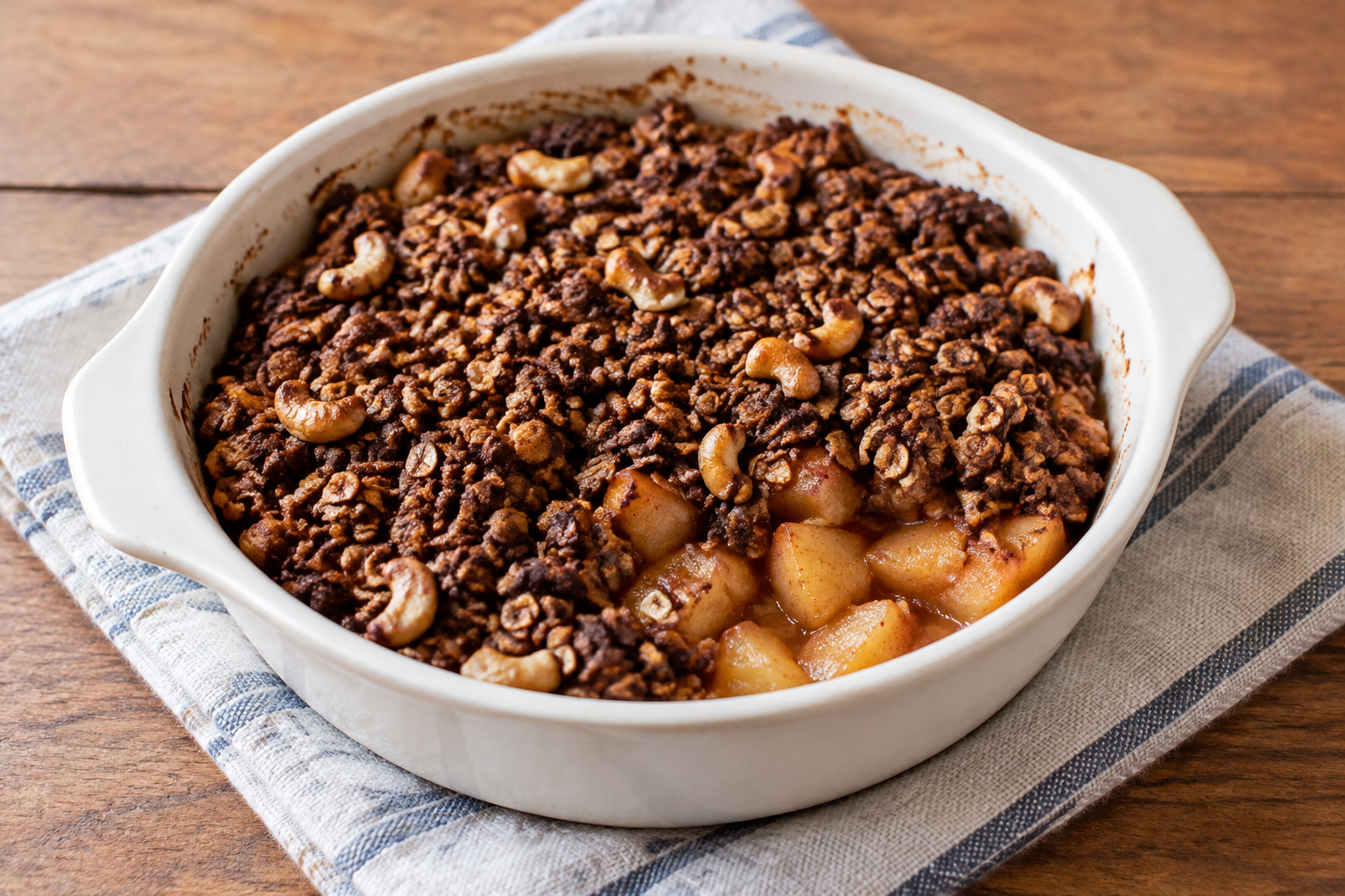 Crumble de aveia com maçã e castanha-de-caju com cacau em pó sem açúcar