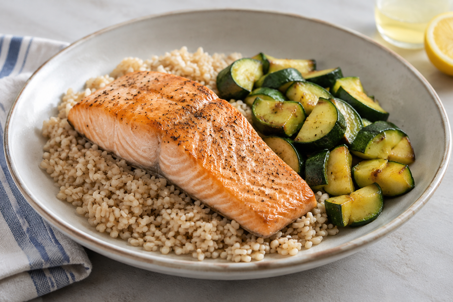 Arroz integral com salmão e abobrinha