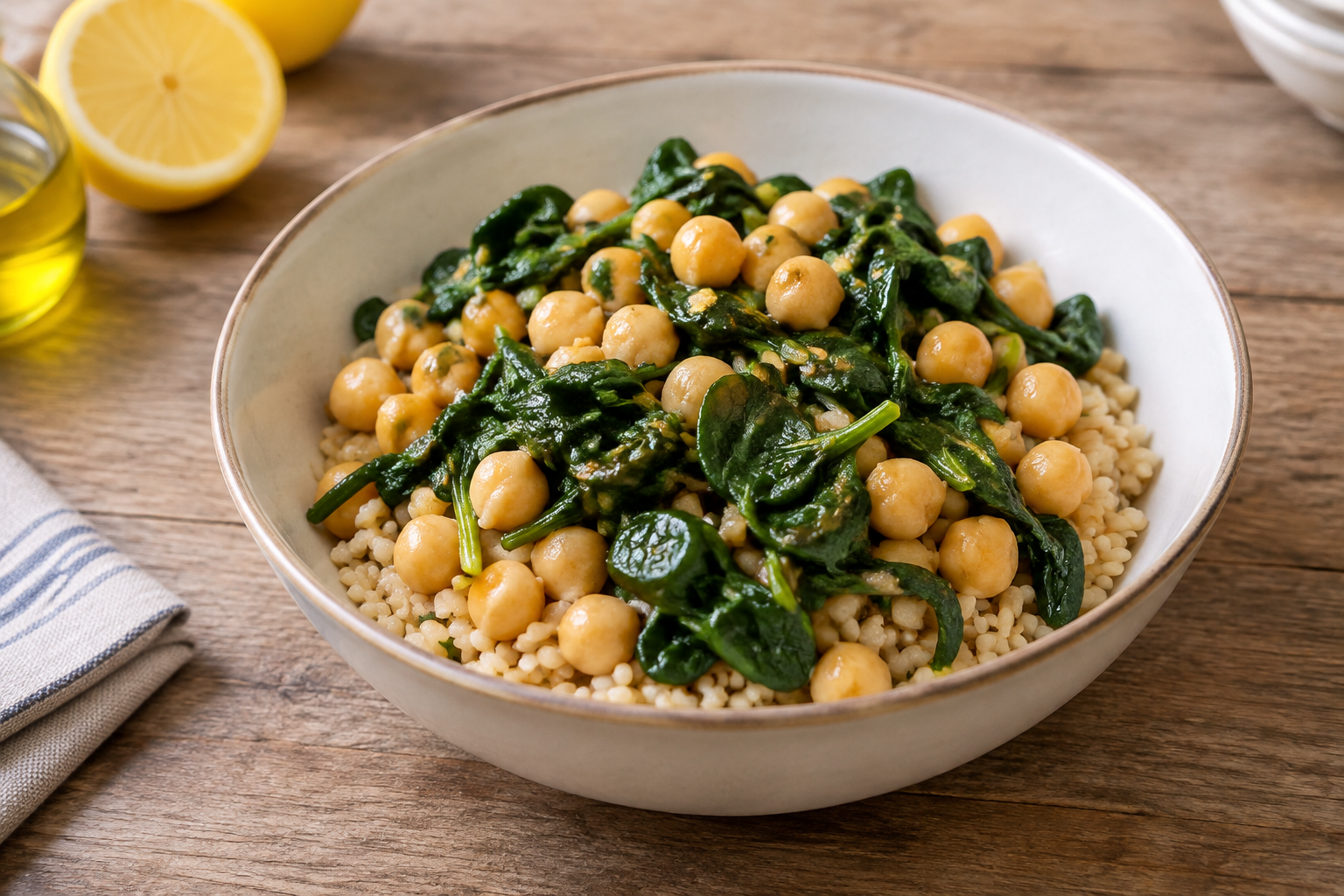 Bowl morno com grão-de-bico cozido e espinafre · arroz integral