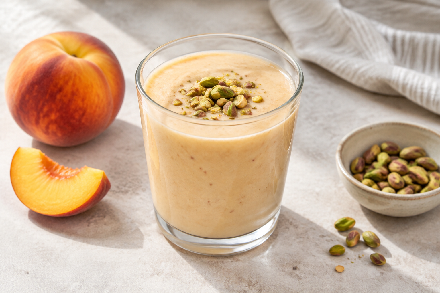 Vitamina cremosa com pêssego e pistache