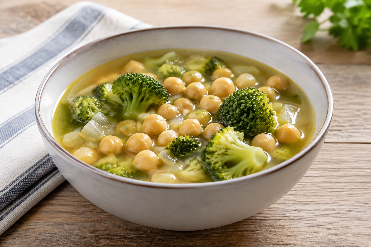 Sopa caseira com grão-de-bico cozido e brócolis