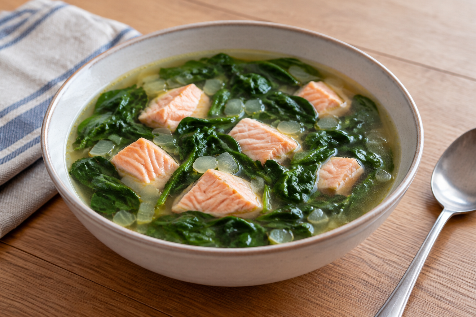 Sopa caseira com salmão e espinafre