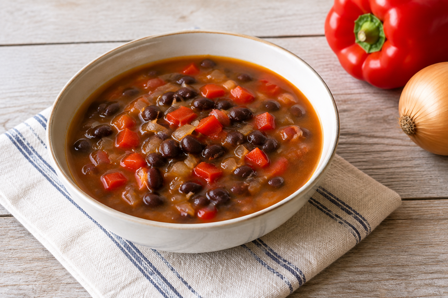 Sopa caseira com feijão preto cozido e pimentão vermelho