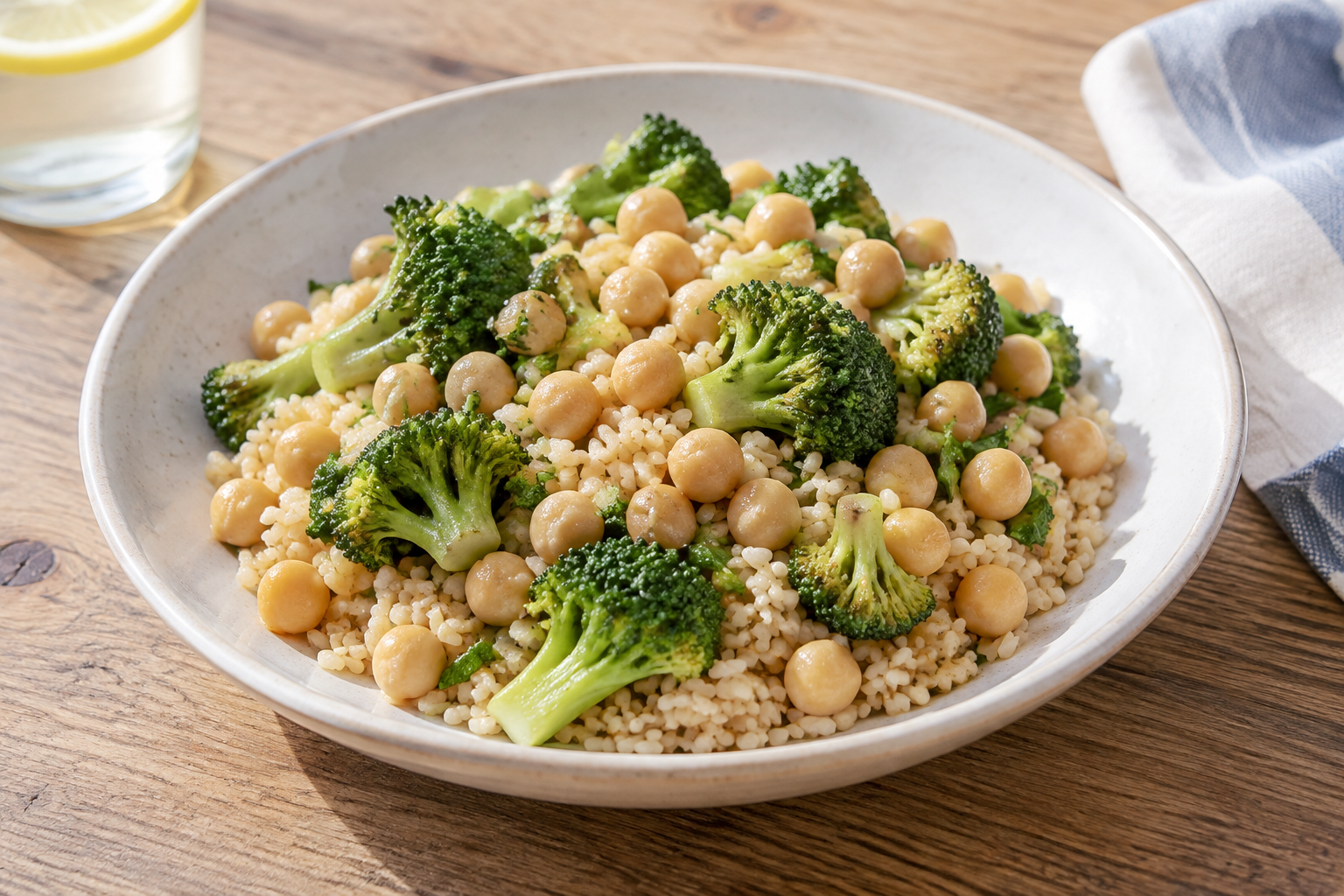 Arroz integral com grão-de-bico cozido e brócolis