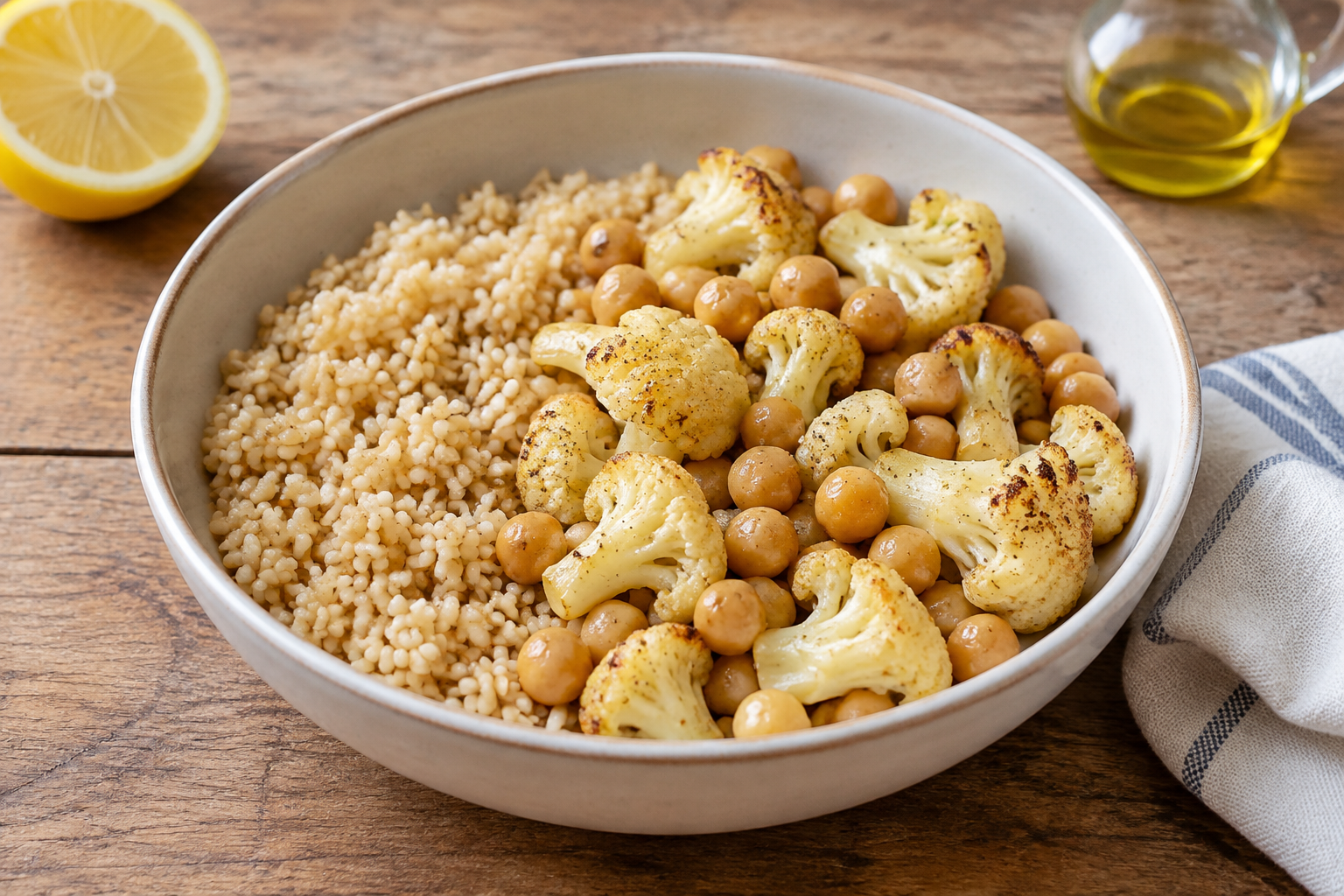 Bowl morno com grão-de-bico cozido e couve-flor · arroz integral