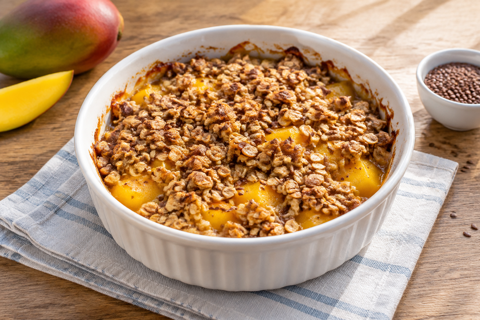 Crumble de aveia com manga e linhaça