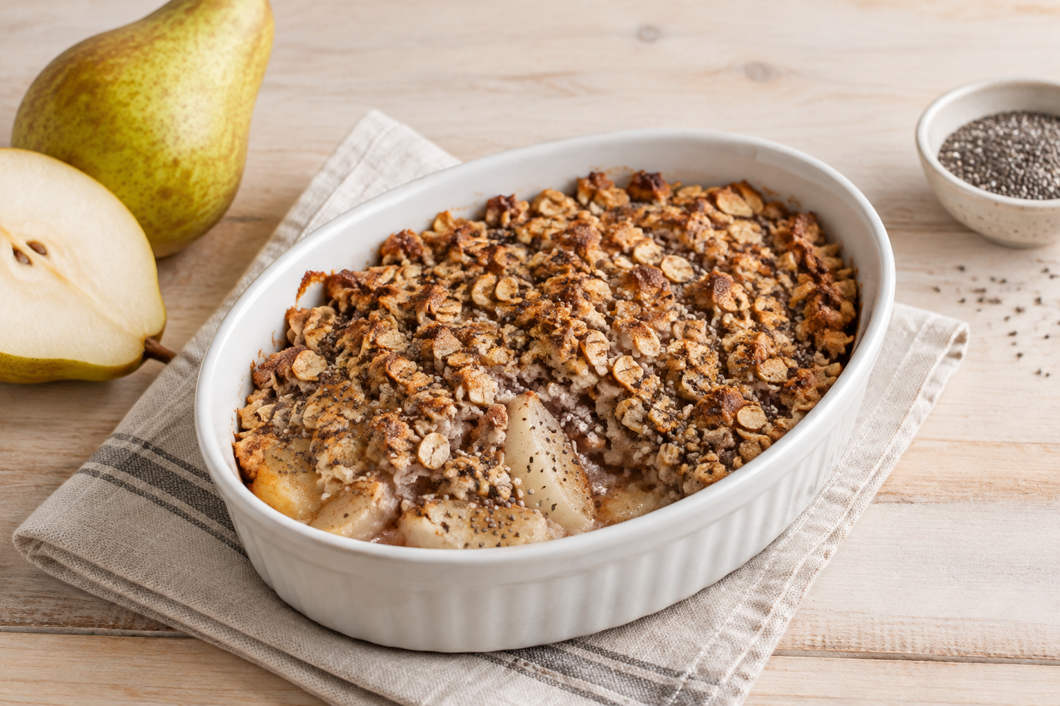Crumble de aveia com pera e chia
