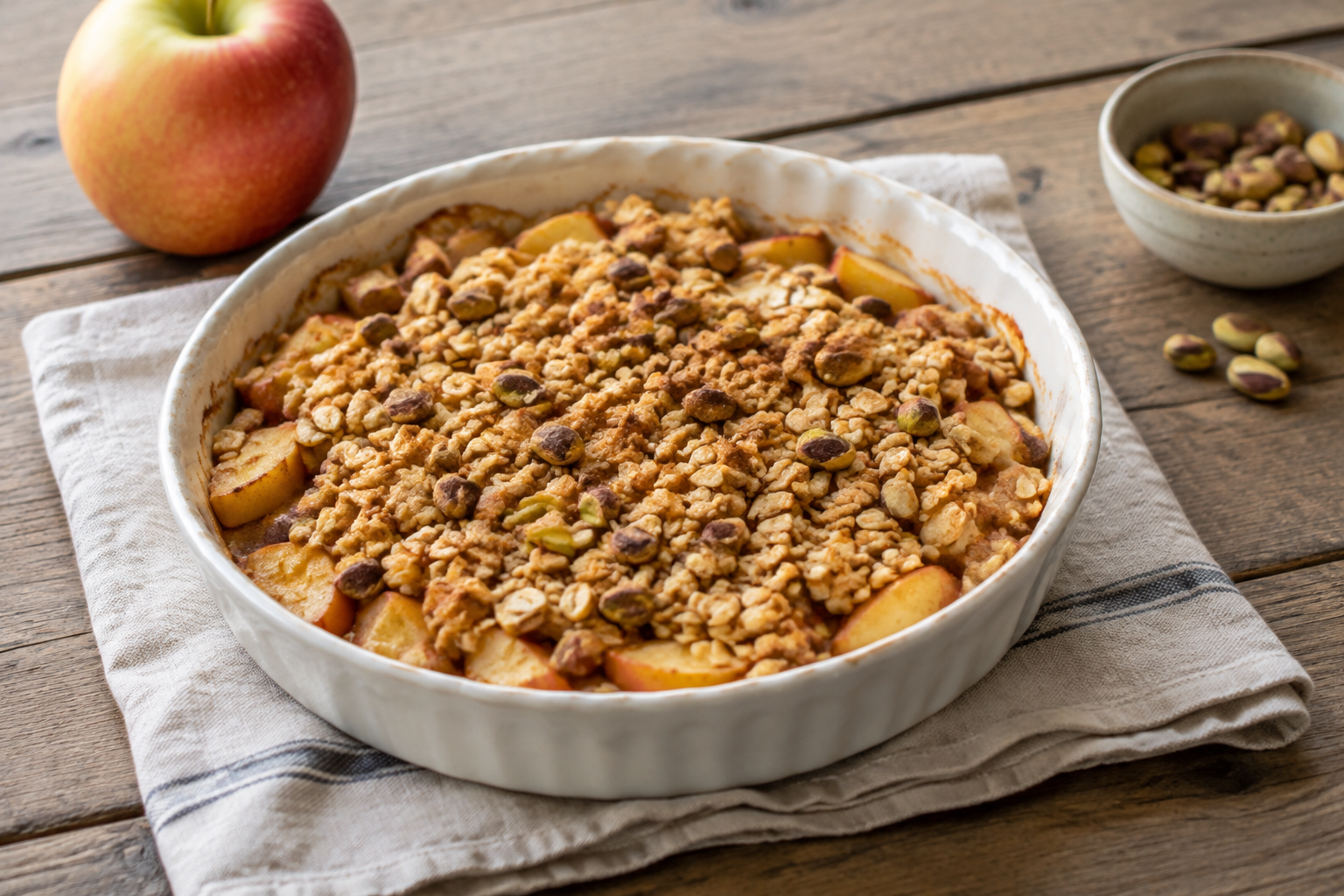Crumble de aveia com maçã e pistache