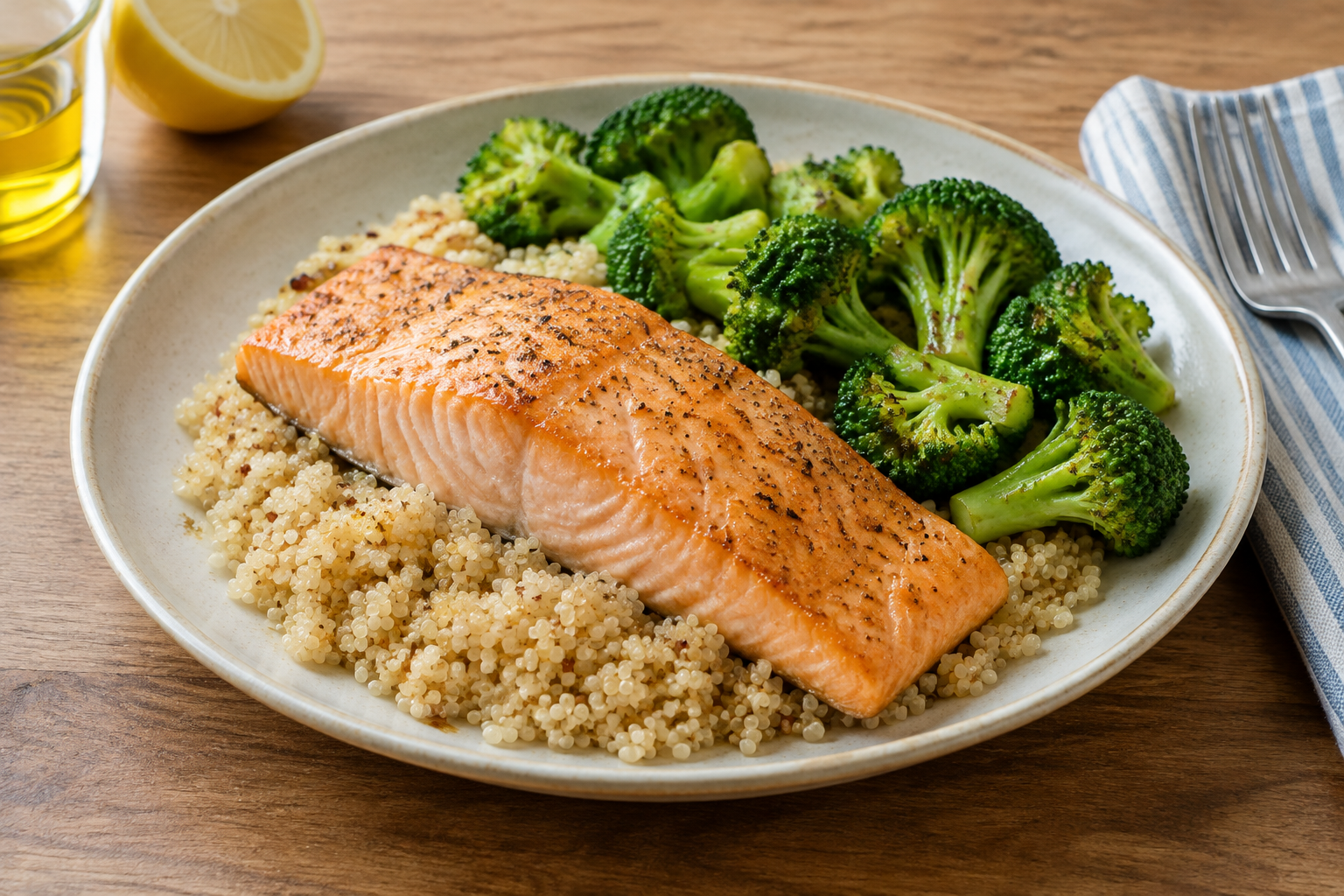 Quinoa quente com salmão e brócolis