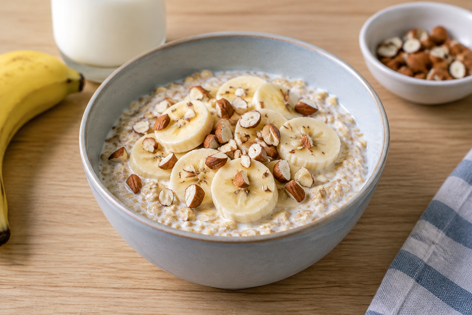Aveia de geladeira com banana e amêndoas · leite integral