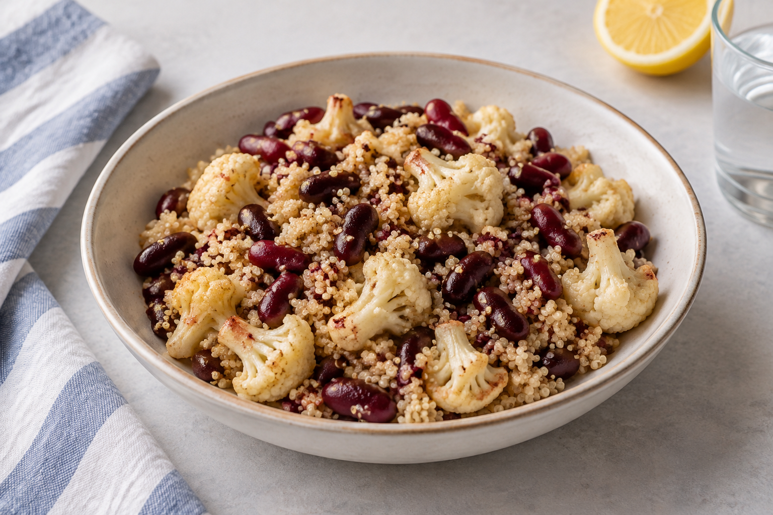 Arroz integral com feijão vermelho cozido e couve-flor · quinoa