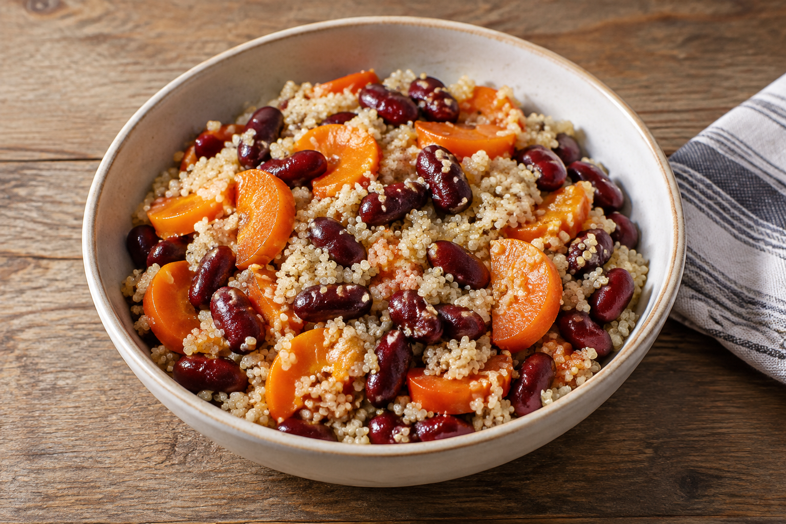 Bowl morno com feijão vermelho cozido e cenoura · quinoa
