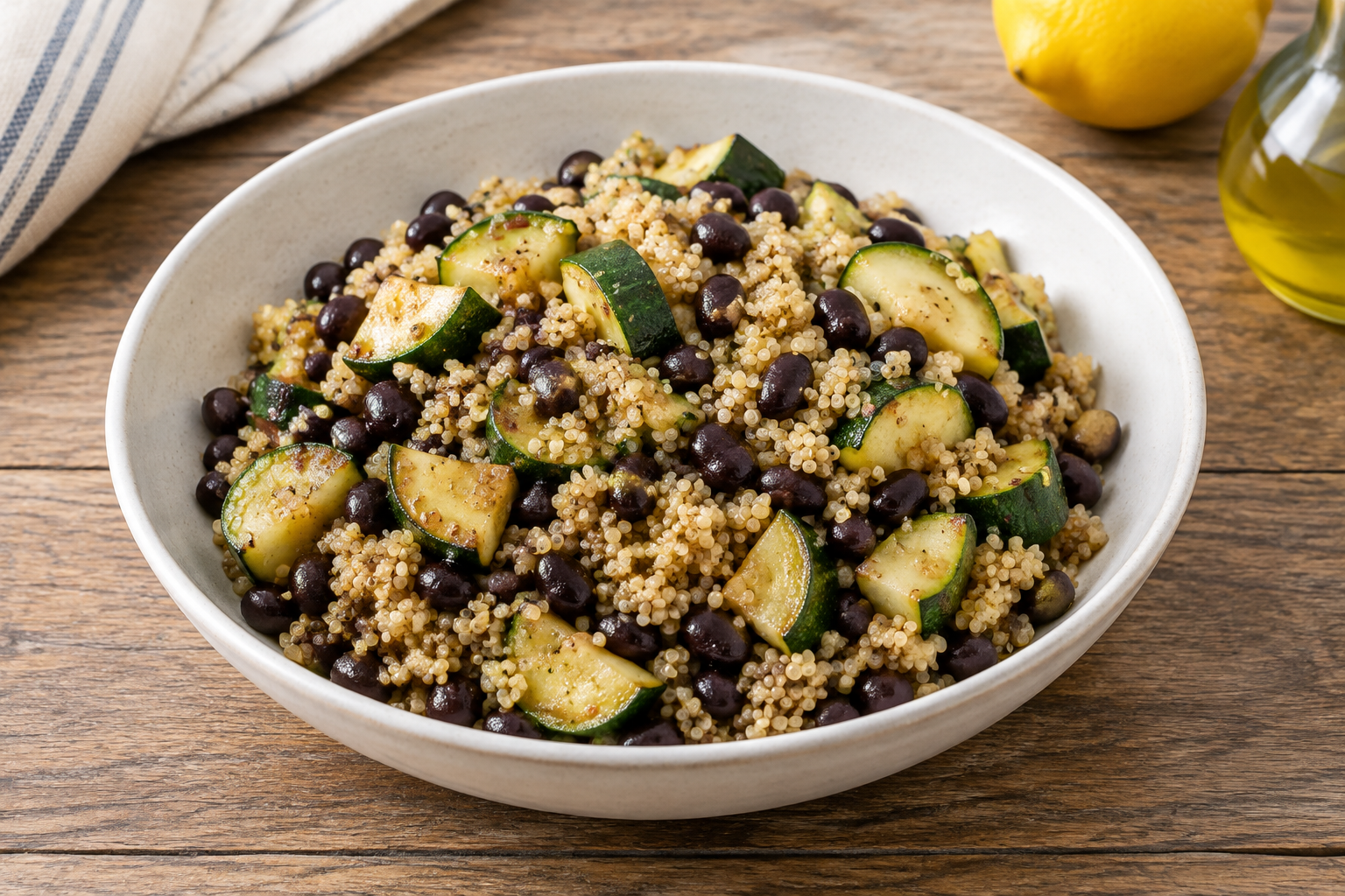 Quinoa quente com feijão preto cozido e abobrinha