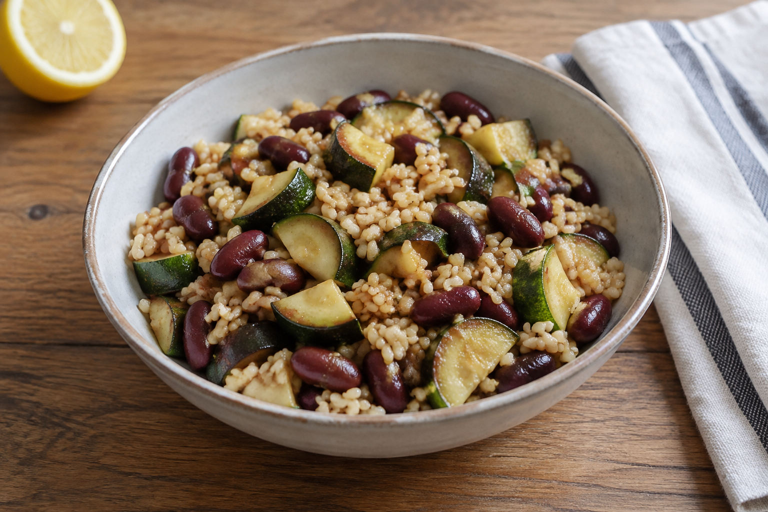 Bowl morno com feijão vermelho cozido e abobrinha · arroz integral