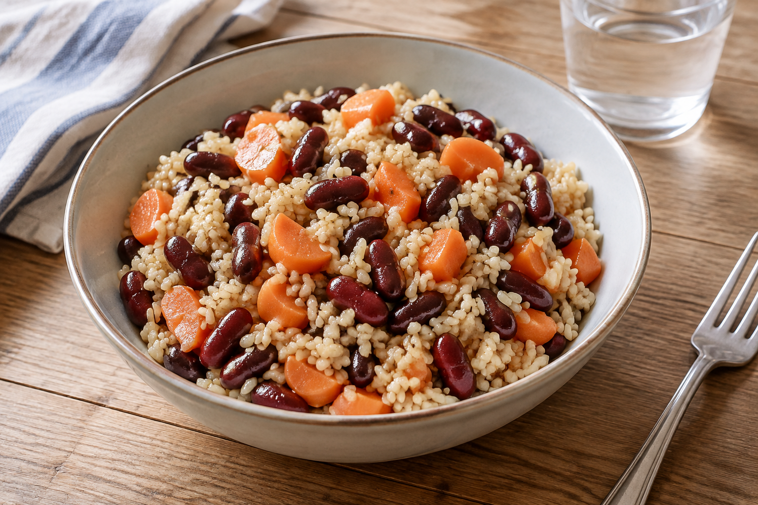 Quinoa quente com feijão vermelho cozido e cenoura · arroz integral