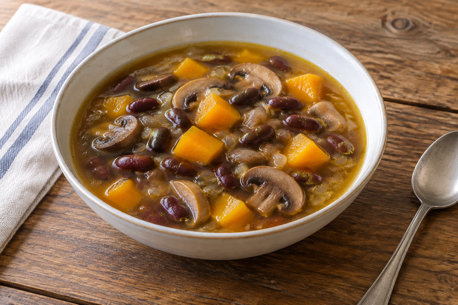 Sopa caseira com feijão vermelho cozido e cogumelos com abóbora em cubos