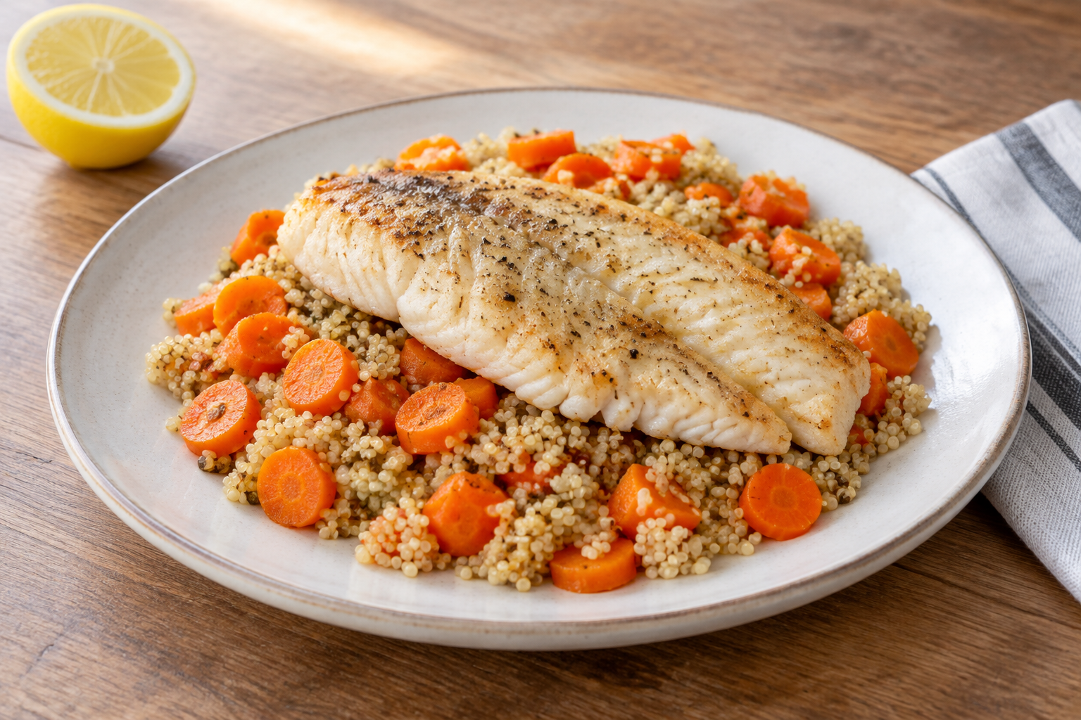 Quinoa quente com tilápia e cenoura