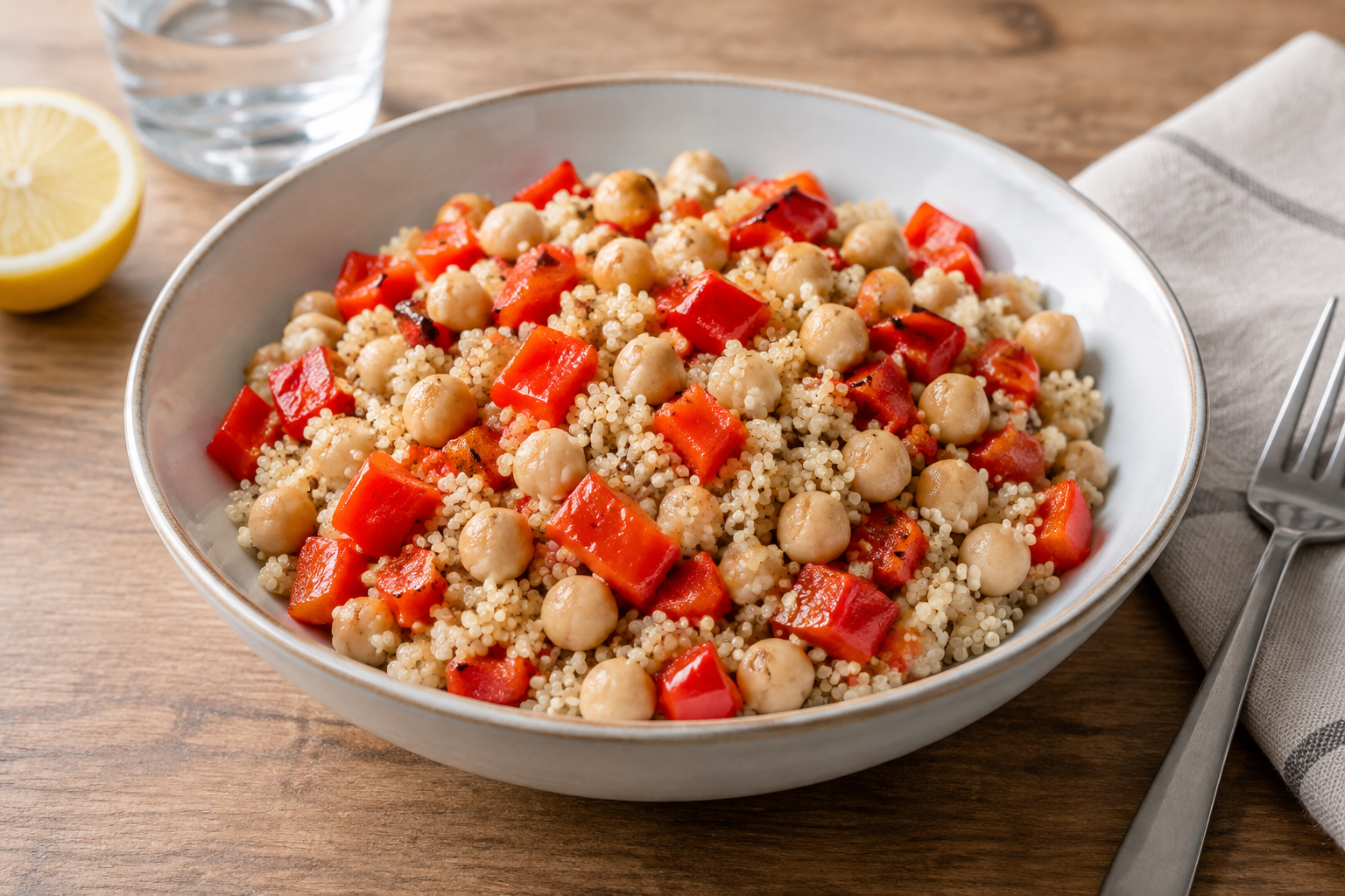 Bowl morno com grão-de-bico cozido e pimentão vermelho · quinoa