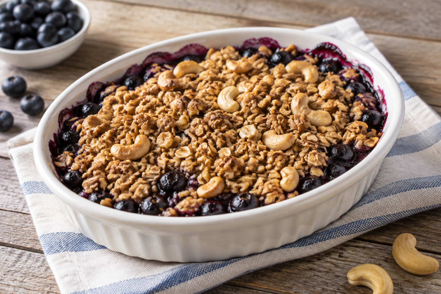 Crumble de aveia com mirtilo e castanha-de-caju