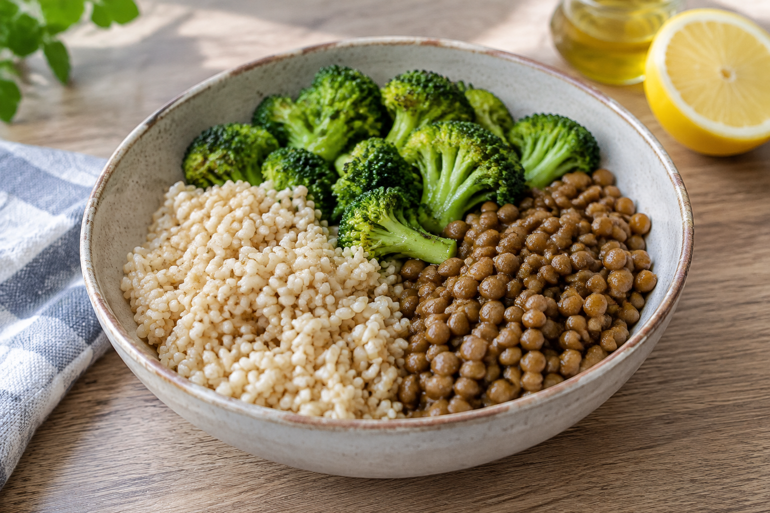Bowl morno com lentilha cozida e brócolis · arroz integral