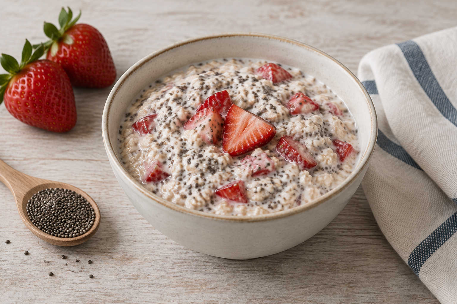 Aveia de geladeira com morango e chia