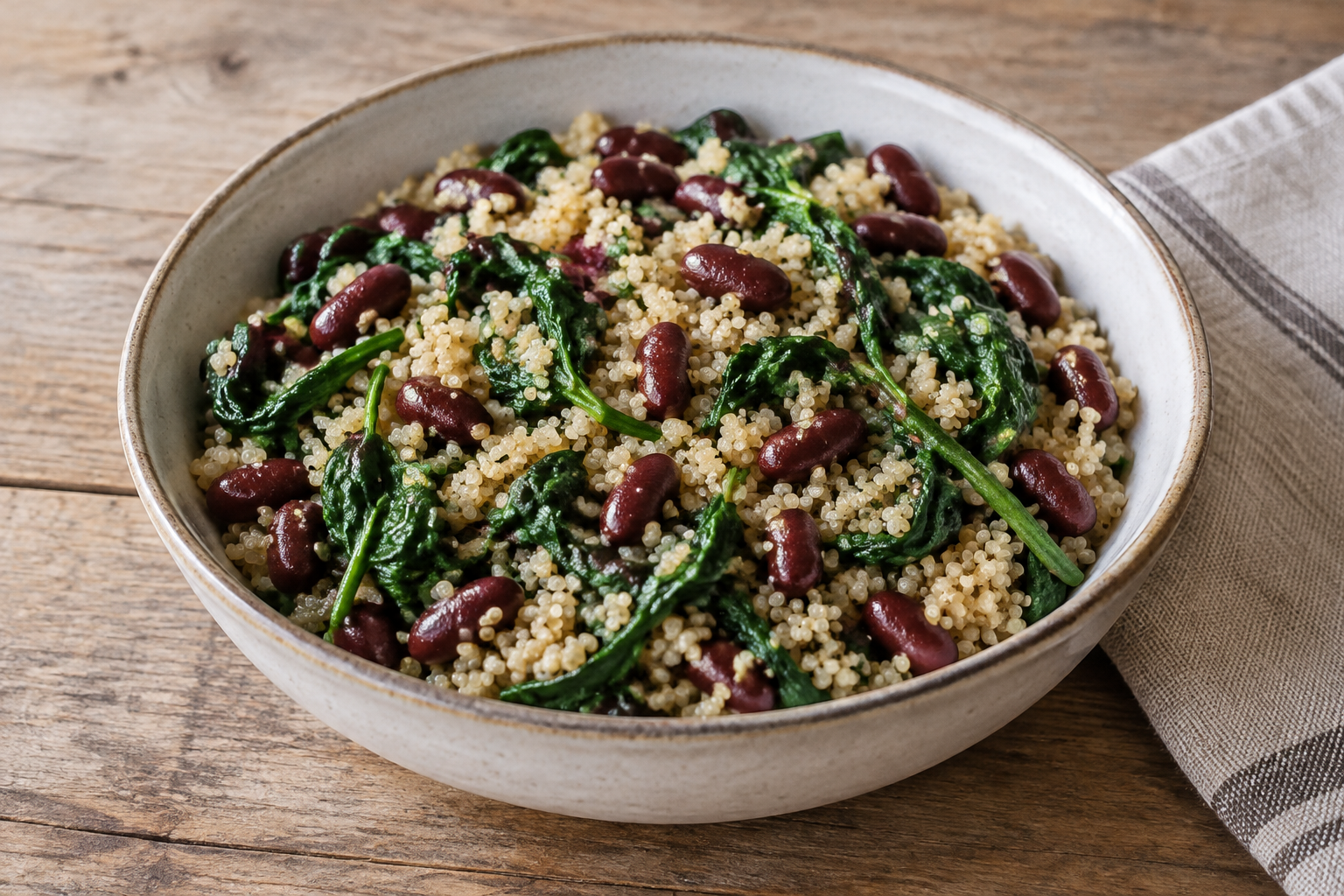 Bowl morno com feijão vermelho cozido e espinafre · quinoa