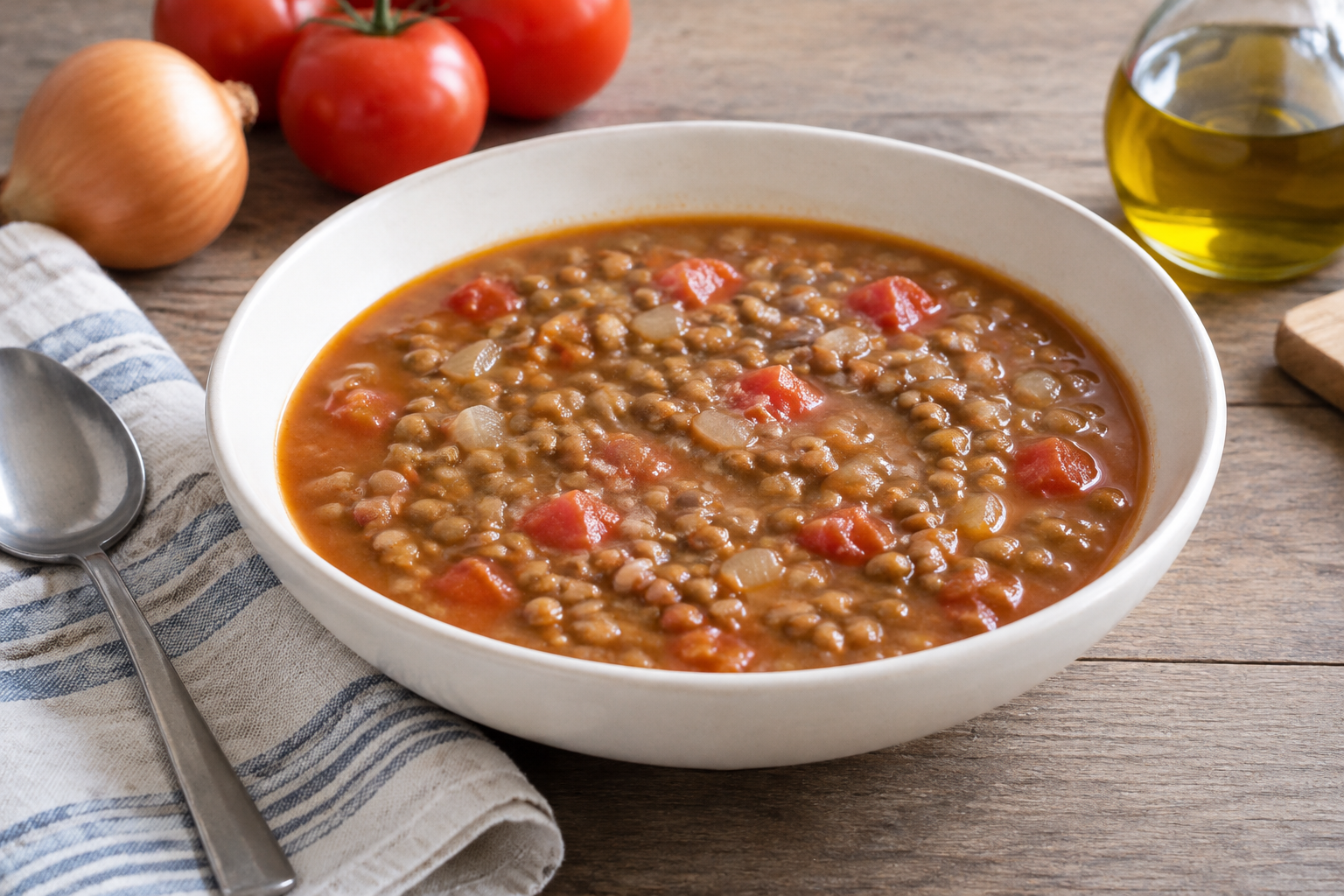 Sopa caseira com lentilha cozida e tomate