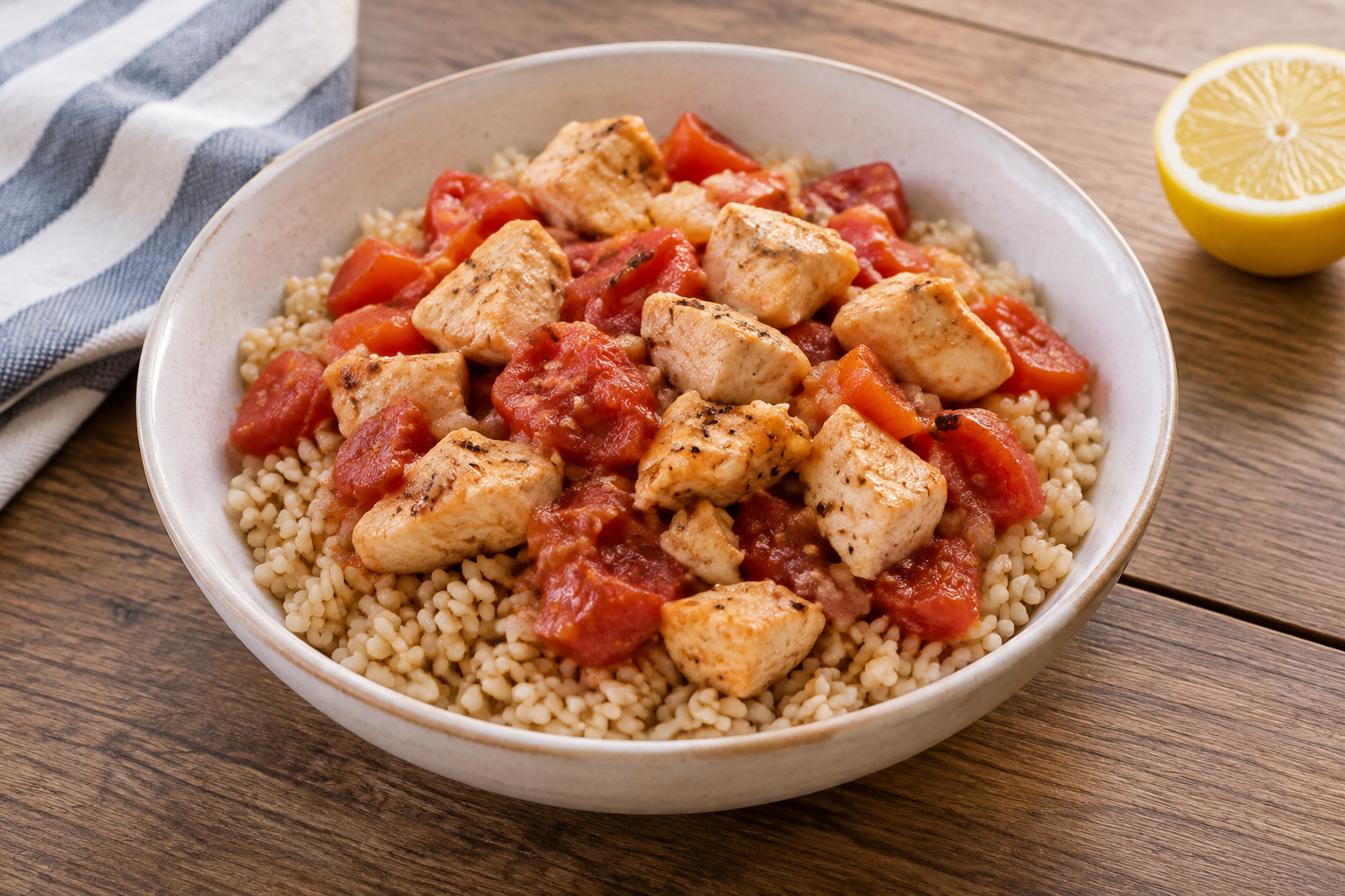 Bowl morno com peito de frango e tomate · arroz integral
