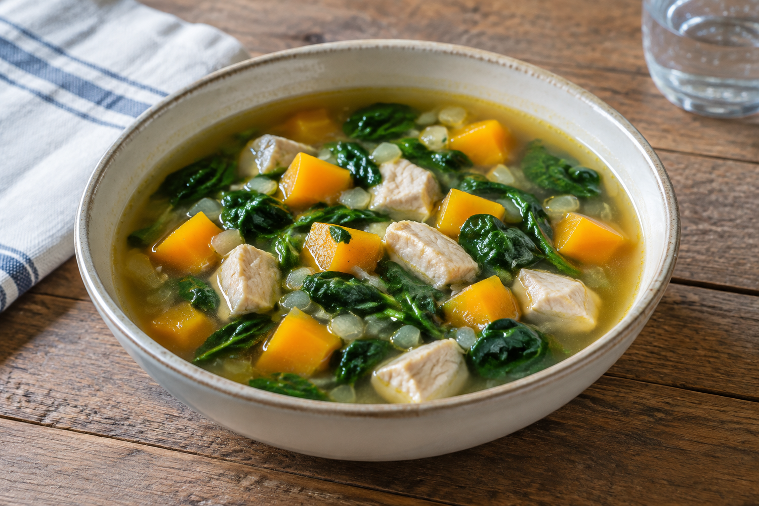 Sopa caseira com peito de frango e espinafre com abóbora em cubos