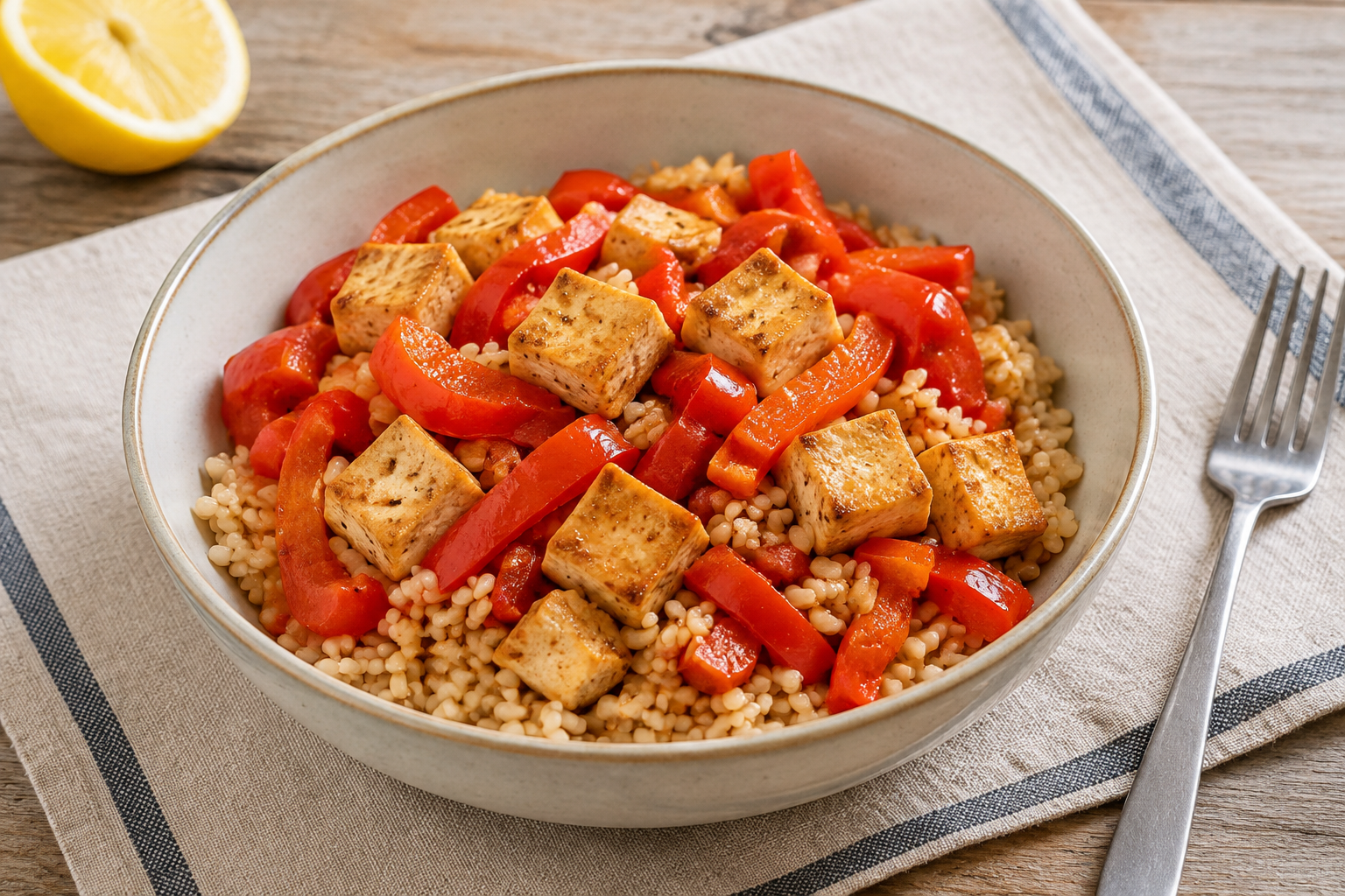 Bowl morno com tofu firme e pimentão vermelho