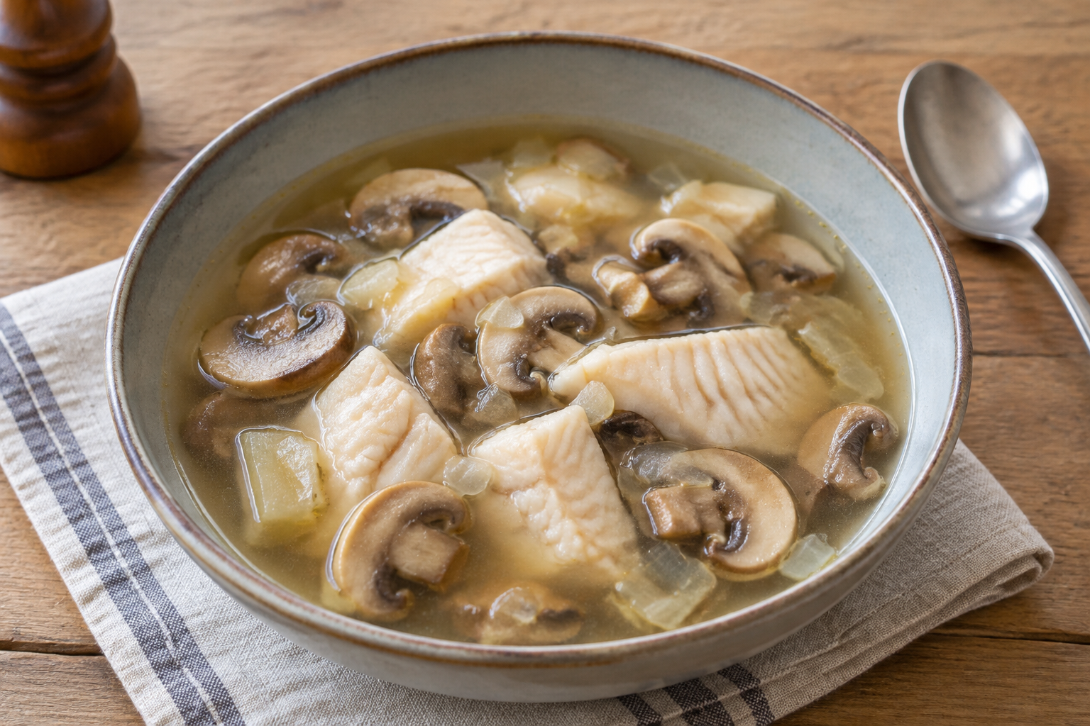 Sopa caseira com tilápia e cogumelos
