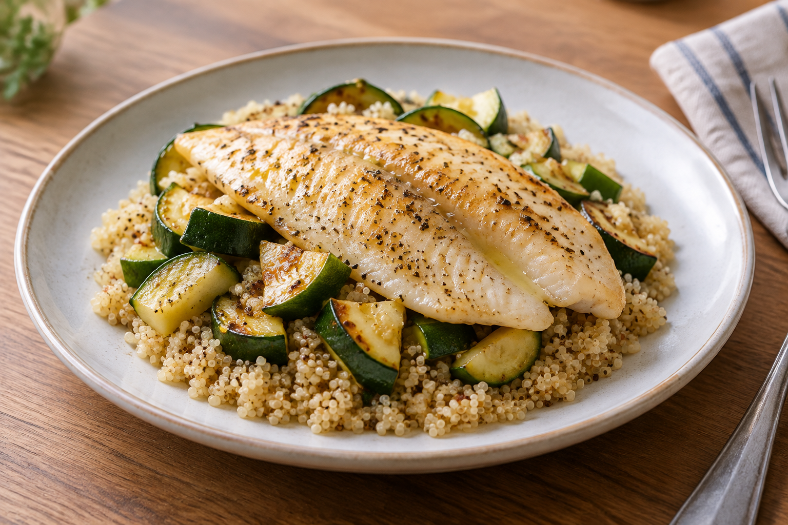 Quinoa quente com tilápia e abobrinha