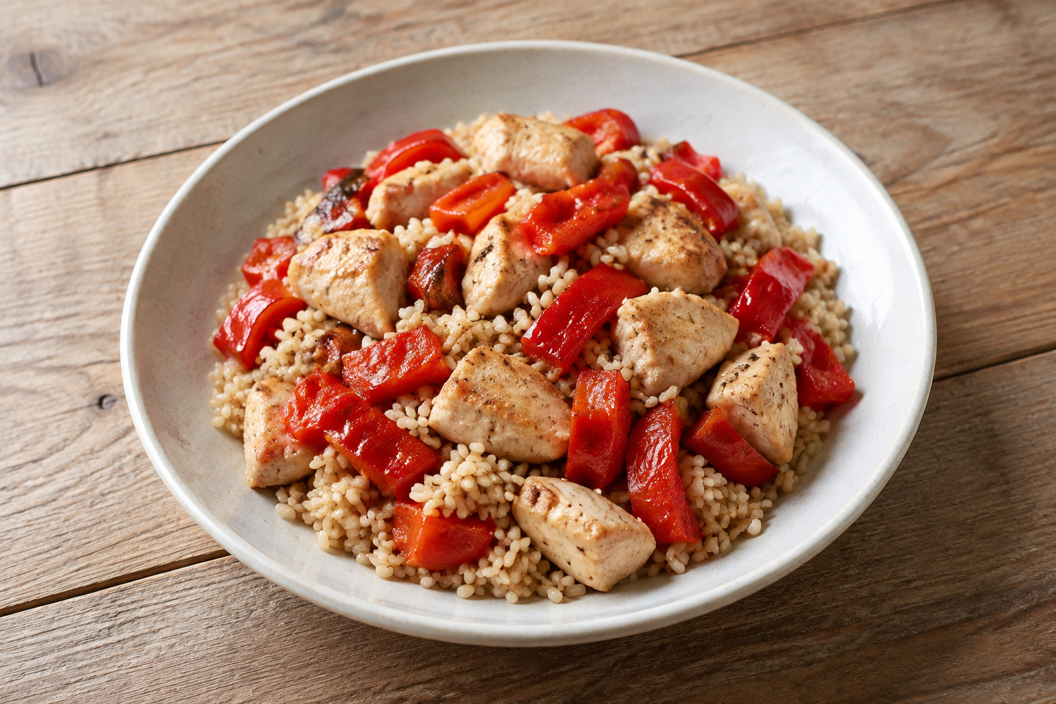 Quinoa quente com peito de frango e pimentão vermelho · arroz integral
