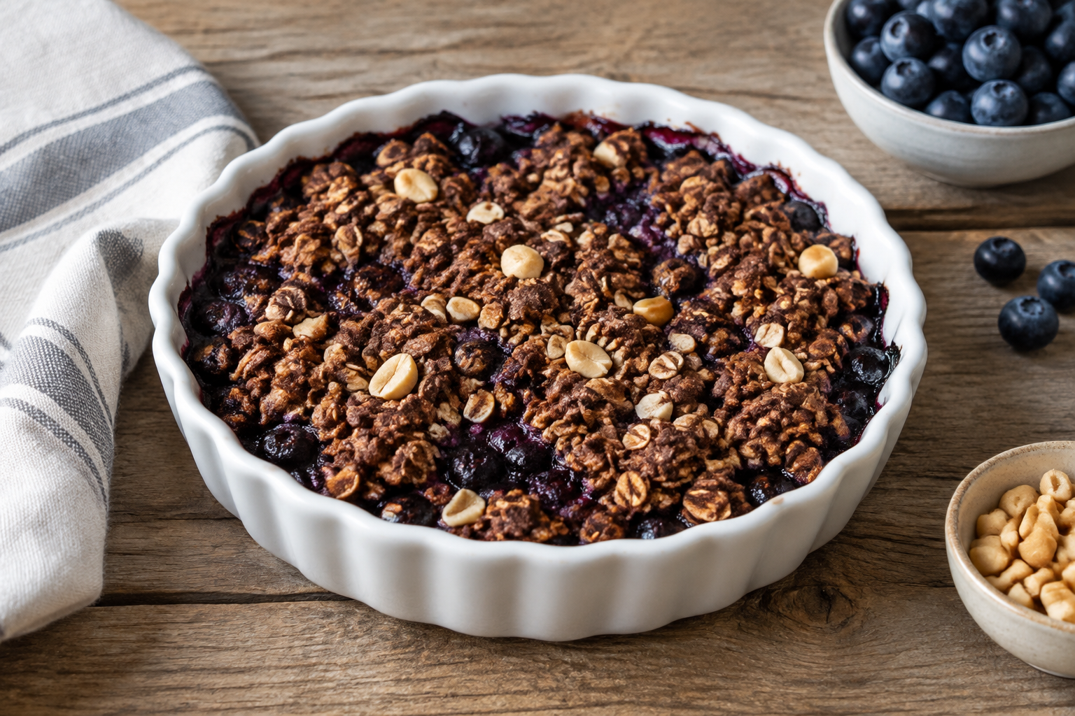 Crumble de aveia com mirtilo e amendoim com cacau em pó sem açúcar