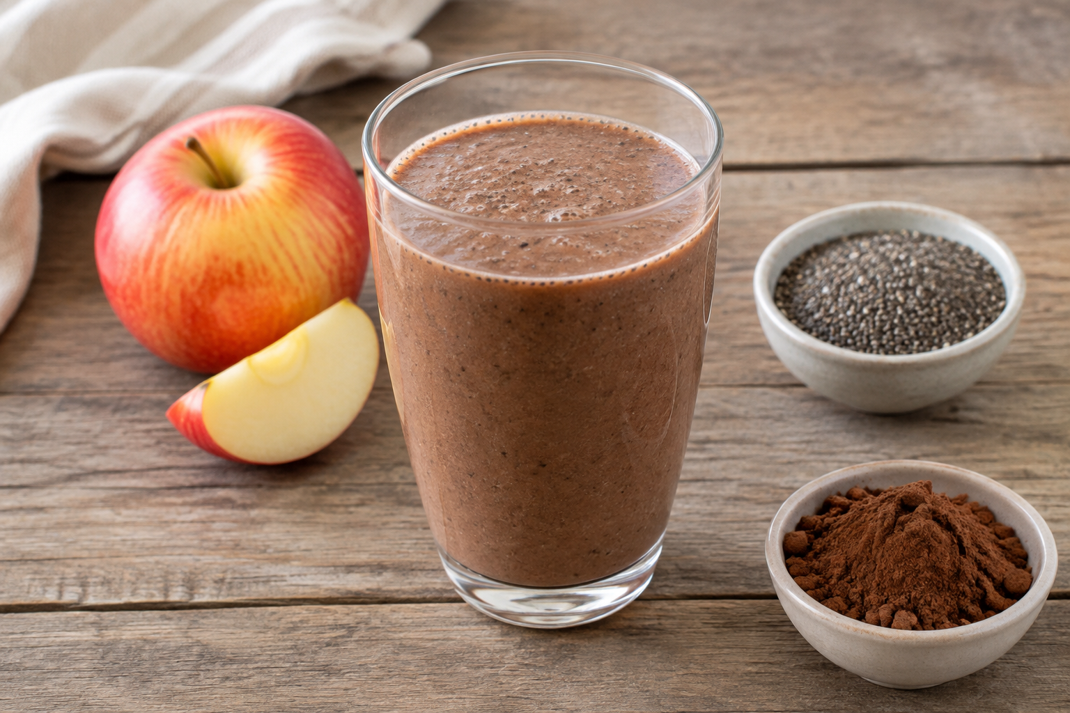 Vitamina cremosa com maçã e chia com cacau em pó sem açúcar