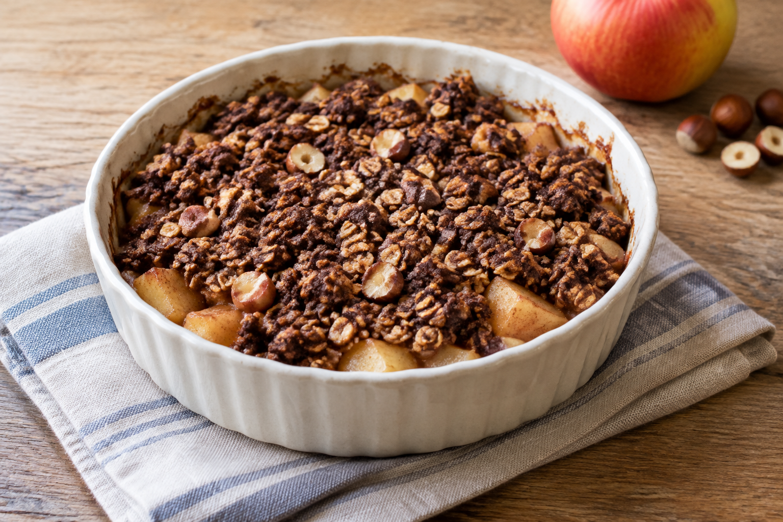 Crumble de aveia com maçã e avelãs com cacau em pó sem açúcar
