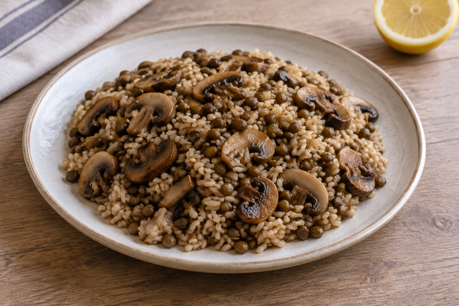 Arroz integral com lentilha cozida e cogumelos