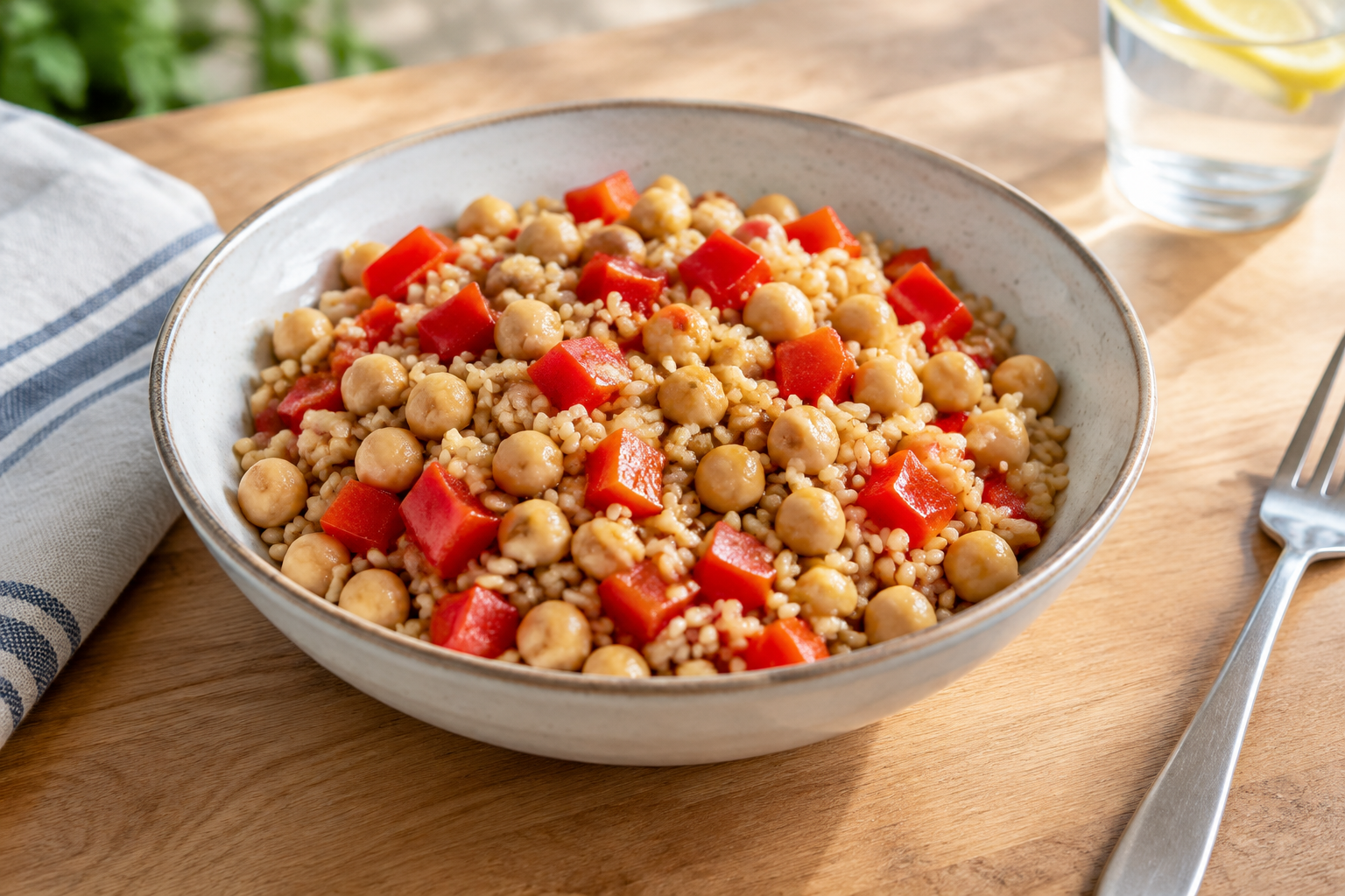 Quinoa quente com grão-de-bico cozido e pimentão vermelho · arroz integral