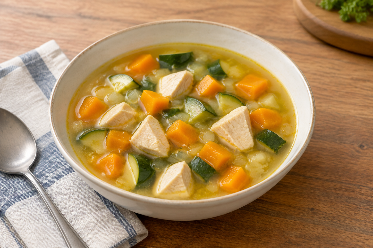 Sopa caseira com peito de frango e abobrinha com abóbora em cubos