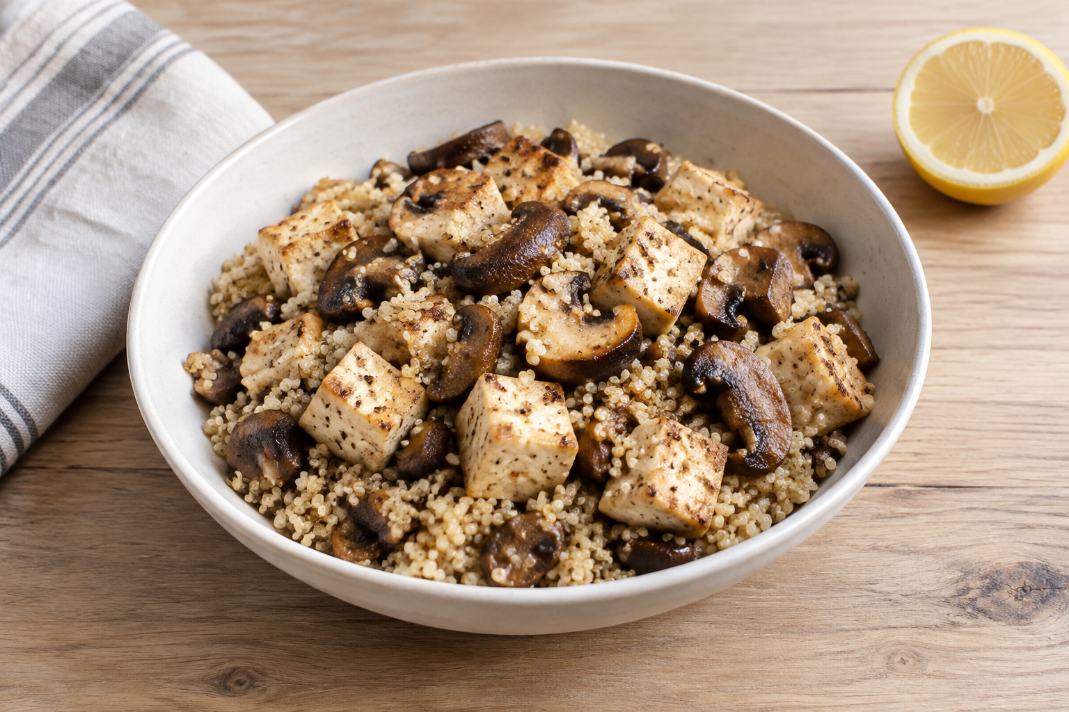 Quinoa quente com tofu firme e cogumelos
