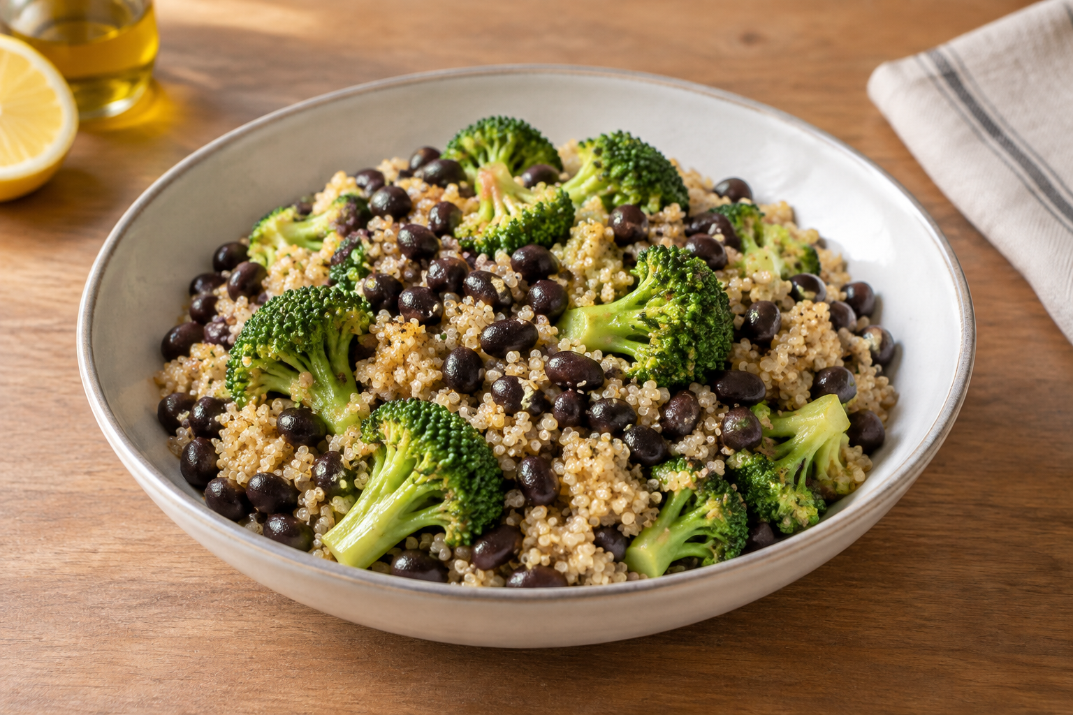 Arroz integral com feijão preto cozido e brócolis · quinoa