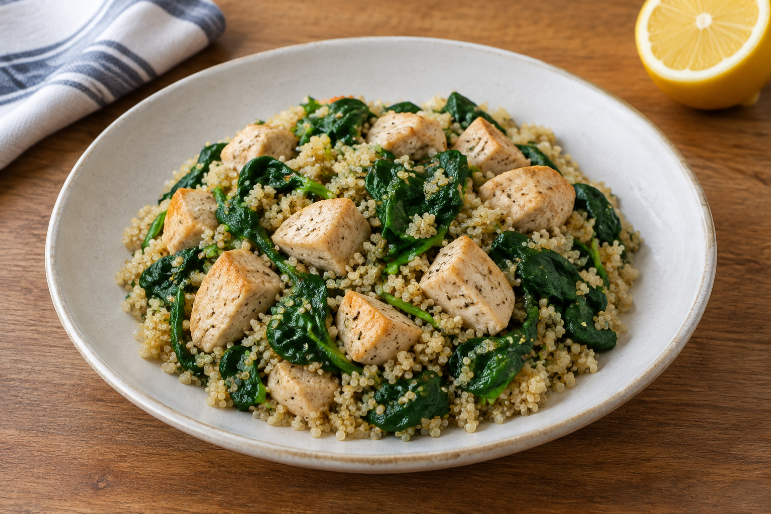 Quinoa quente com peito de frango e espinafre