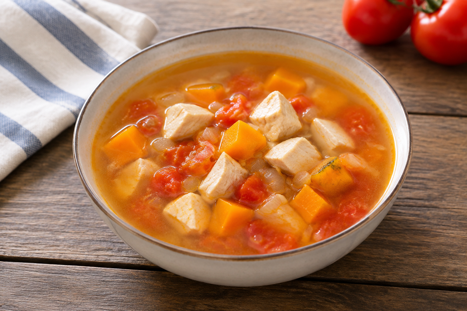 Sopa caseira com peito de frango e tomate com abóbora em cubos
