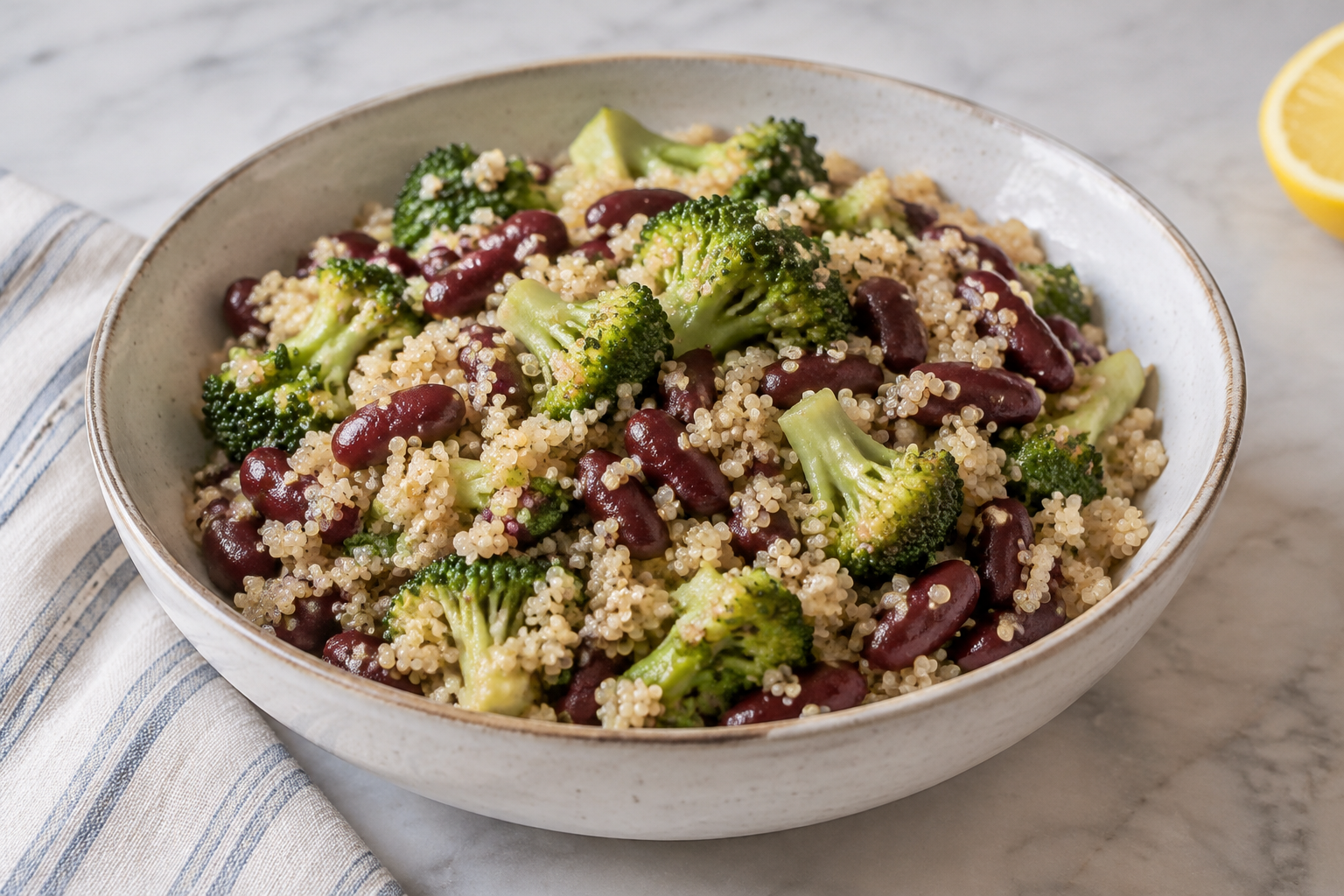 Bowl morno com feijão vermelho cozido e brócolis · quinoa