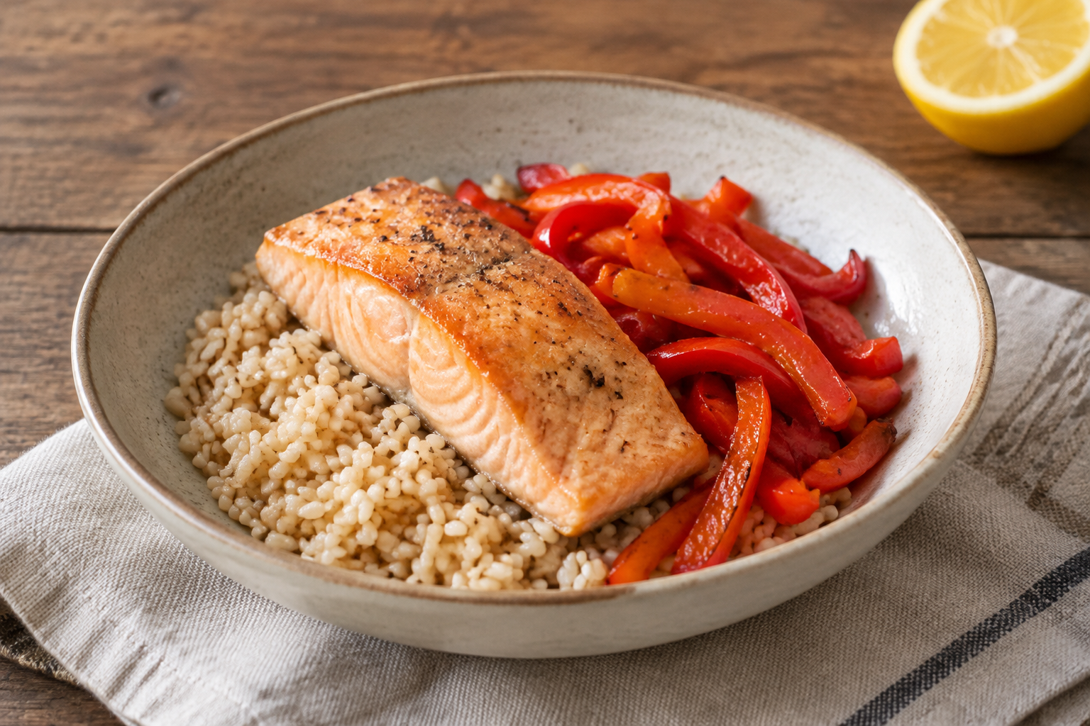Bowl morno com salmão e pimentão vermelho