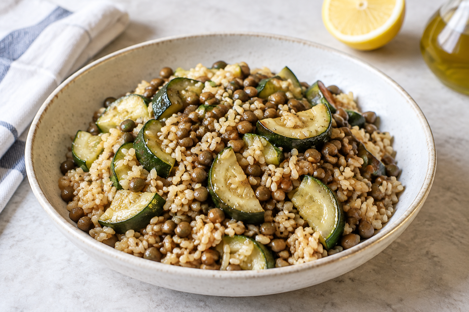 Arroz integral com lentilha cozida e abobrinha